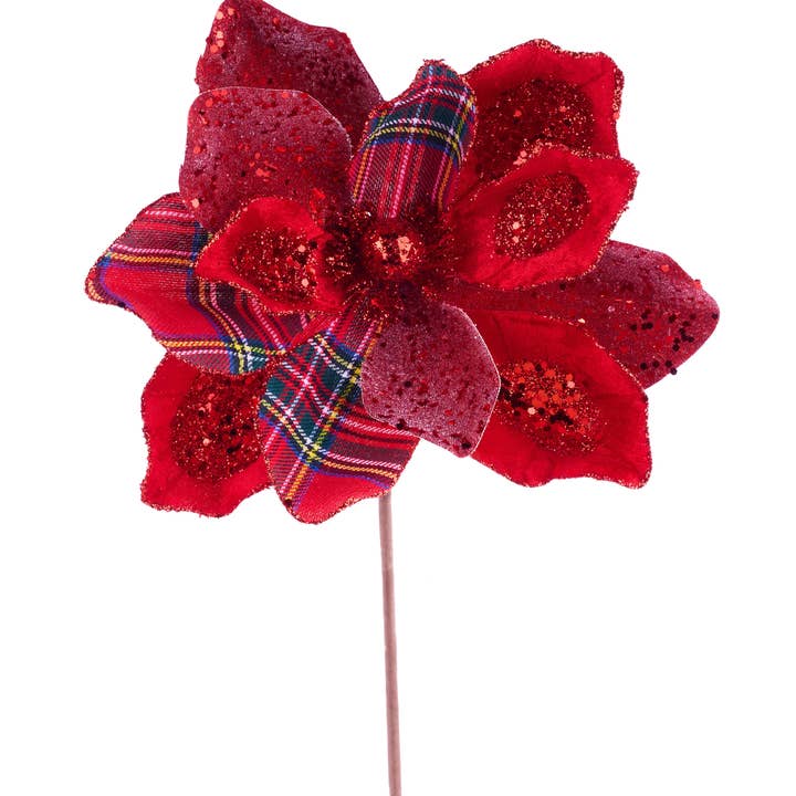 DecoExchange - Wholesale Artificial Flowers - 9"Dia Plaid Magnolia Stem, 22"Oal Red/Grn/Blue/Ylw/White XS7218