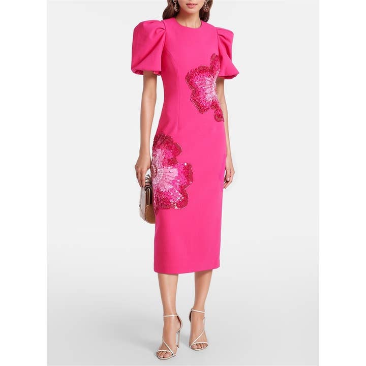 DR752Y Handmade 3D Floral Sequin Beaded Puff Sleeve Dress for wholesale by Productseeker