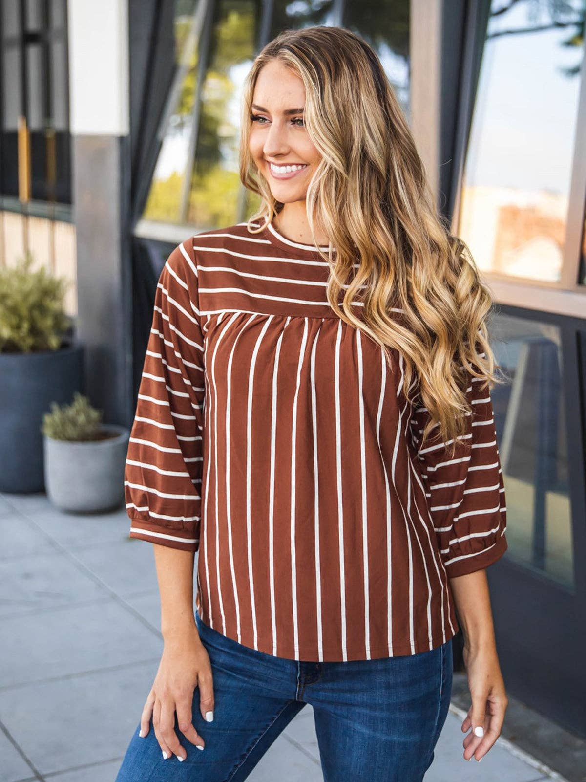 Tickled Teal - Wholesale Blouse - Women's - Striped 3/4 Sleeve Esme Top0