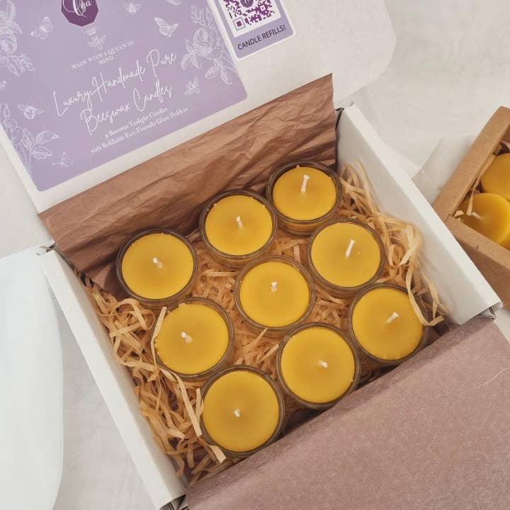 Pure Beeswax Tealight Candles with Refillable Glass Holders for wholesale by Bee Luxx Candles