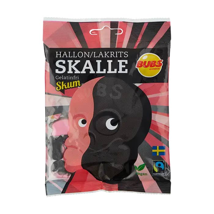 Sweetish- Swedish Candy Wholesale – wholesale Gummy – Bubs Raspberry & Licorice Foam Skull 90g