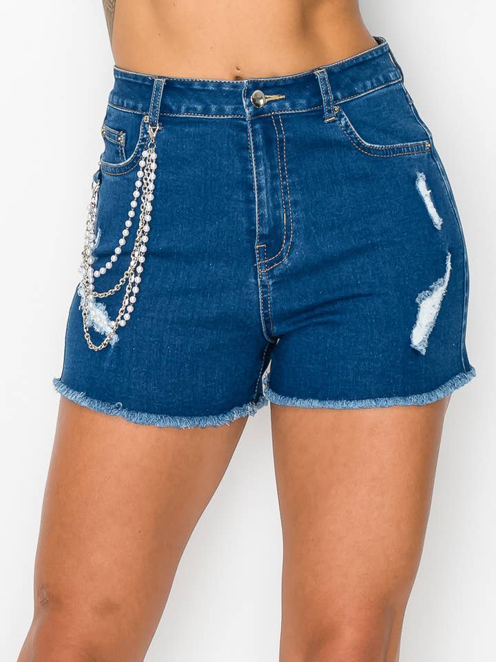 PEARL TRIM FRAYED DENIM SHORTS for wholesale by 5besties inc