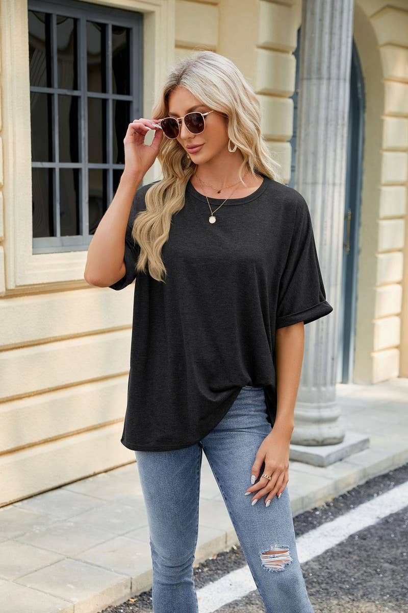 Lily Clothing - Wholesale T-Shirt - Women's - ROUND NECK SOLID COLOR SHORT SLEEVE LOOSE T SHIRT_CWTSTS02800