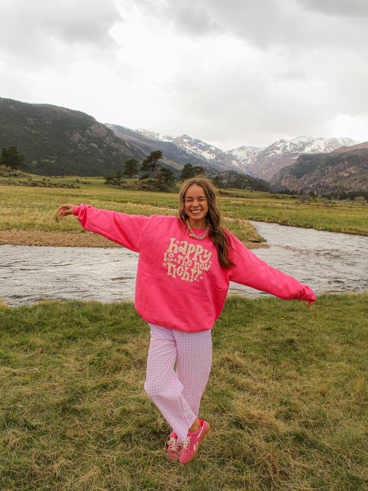 Happy Is The New Rich Crew Pink for wholesale by Raine Company