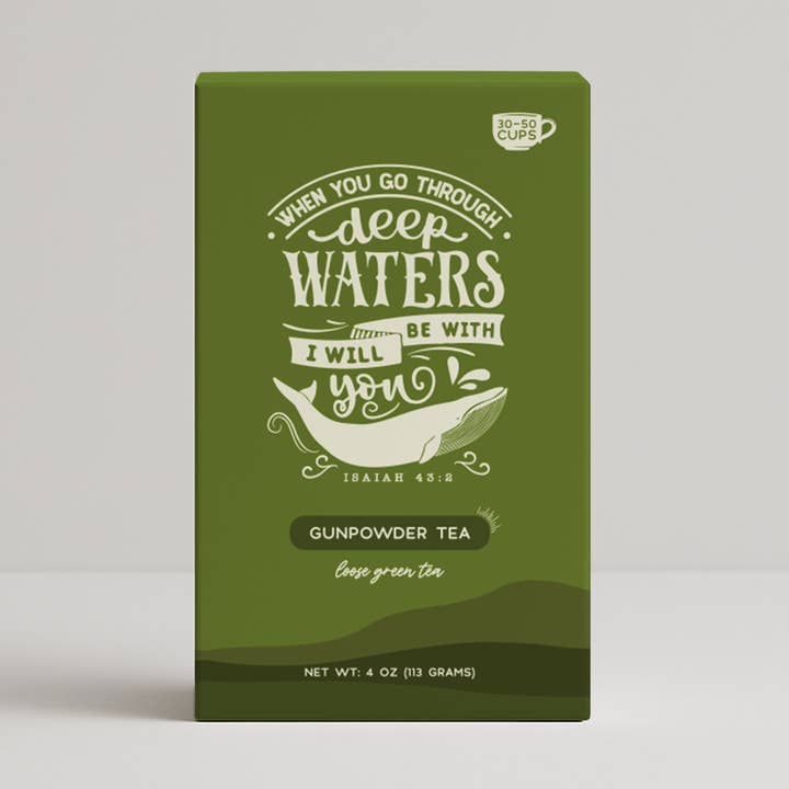 Bible Verse Tea "When You Go Through Deep Waters" Gunpowder for wholesale by Little Prayer Tea Company