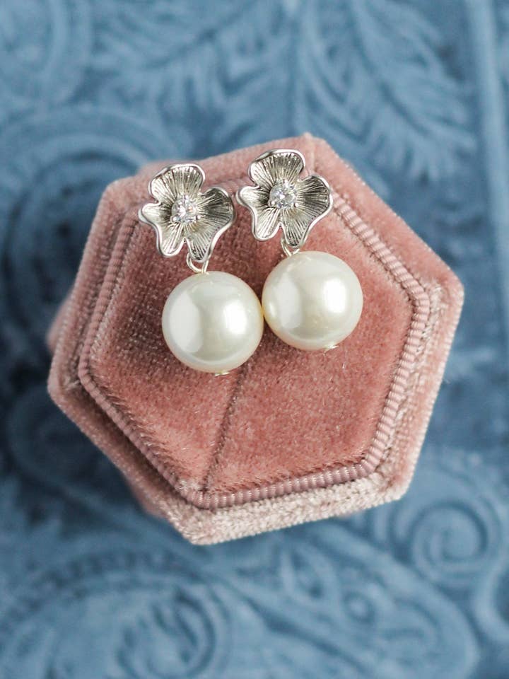 Classic Pearl Silver Floret Earrings for wholesale by Rachelyn Jewelry