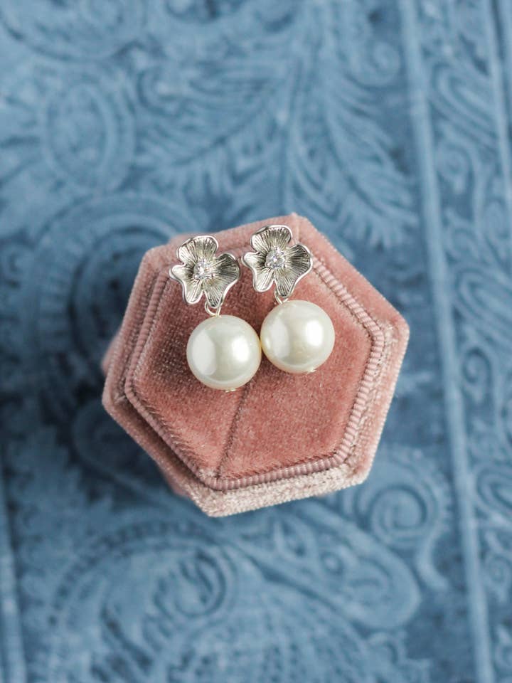 Classic Pearl Silver Floret Earrings for wholesale by Rachelyn Jewelry