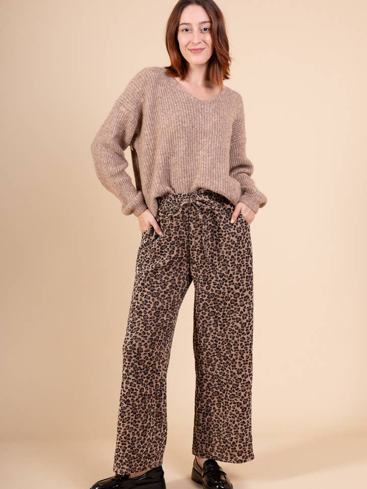 Mimi & Gogo - Wholesale Pants - Women's - Wide Leopard Velvet Pants @46221_PaLLeo6