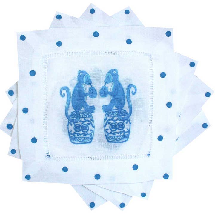 Lemondaisy Design - Wholesale Dinner & Cloth Napkin - Blue Chinoiserie Monkey Linen Cocktail Napkins