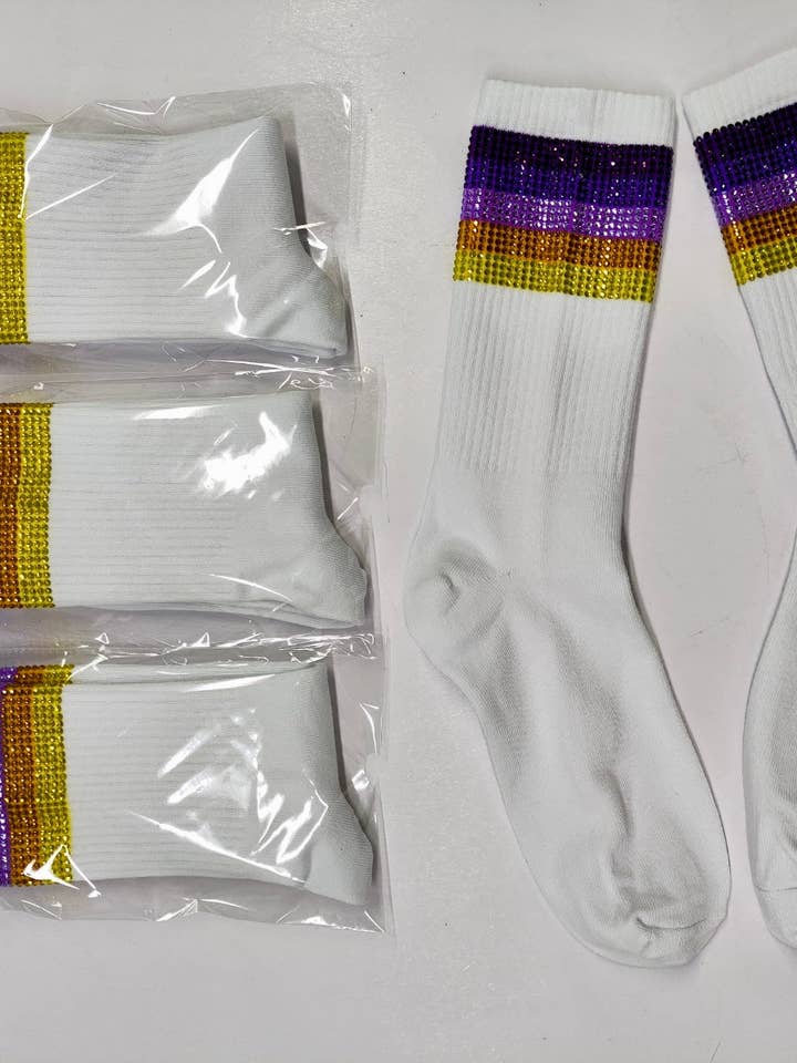 Purple and Gold Rhinestone Crew Socks for wholesale by Sparkle City