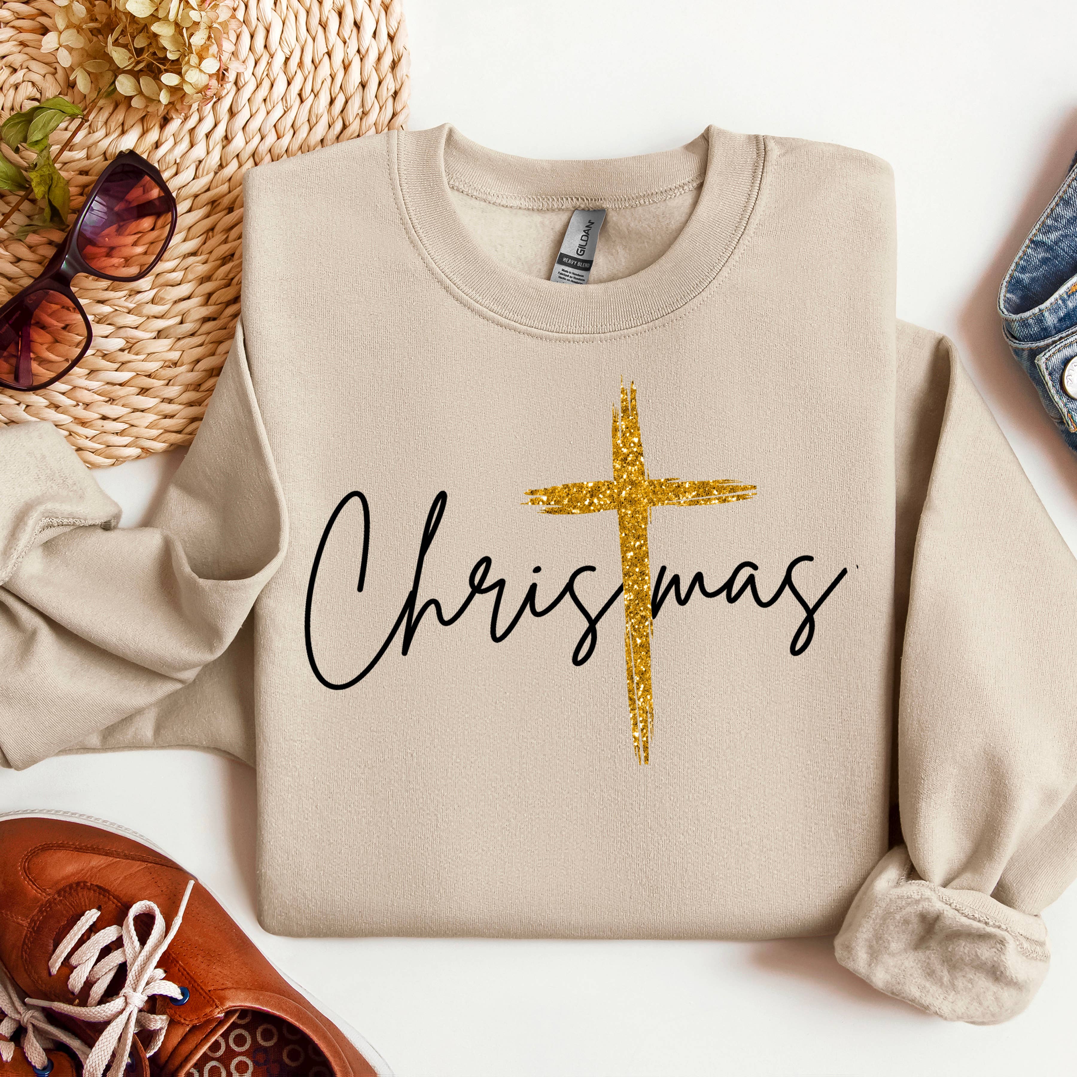 Lauras Closet - Wholesale Graphic Sweatshirt - Women's - Christmas with Gold Cross- Graphic Tee 0