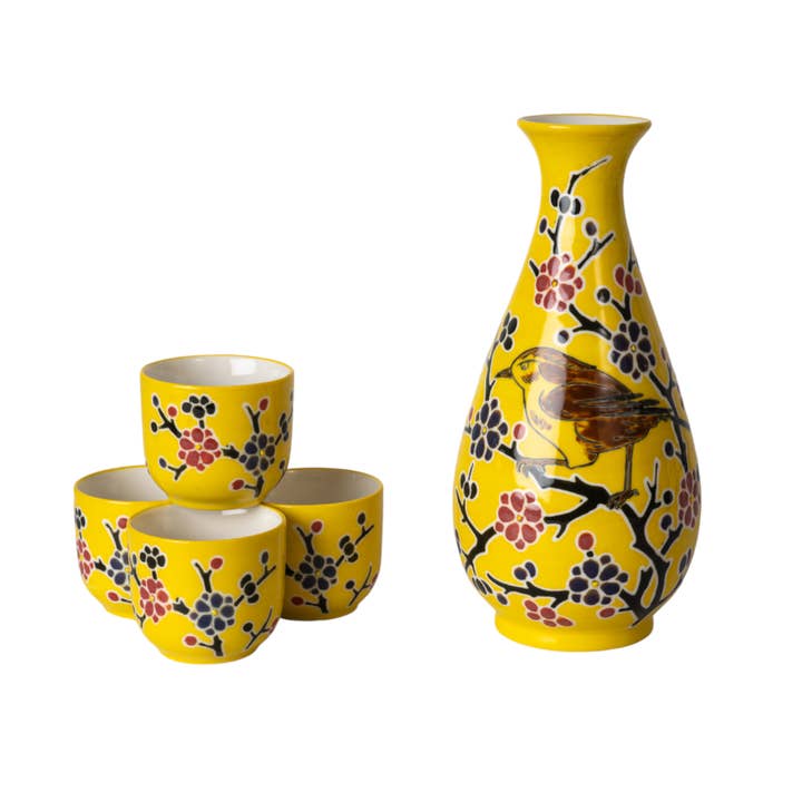 Yellow Flower Porcelain Glazed 10 oz Sake Bottle and 4 Cups Gift Set (1/16) for wholesale by Urban Tokyo