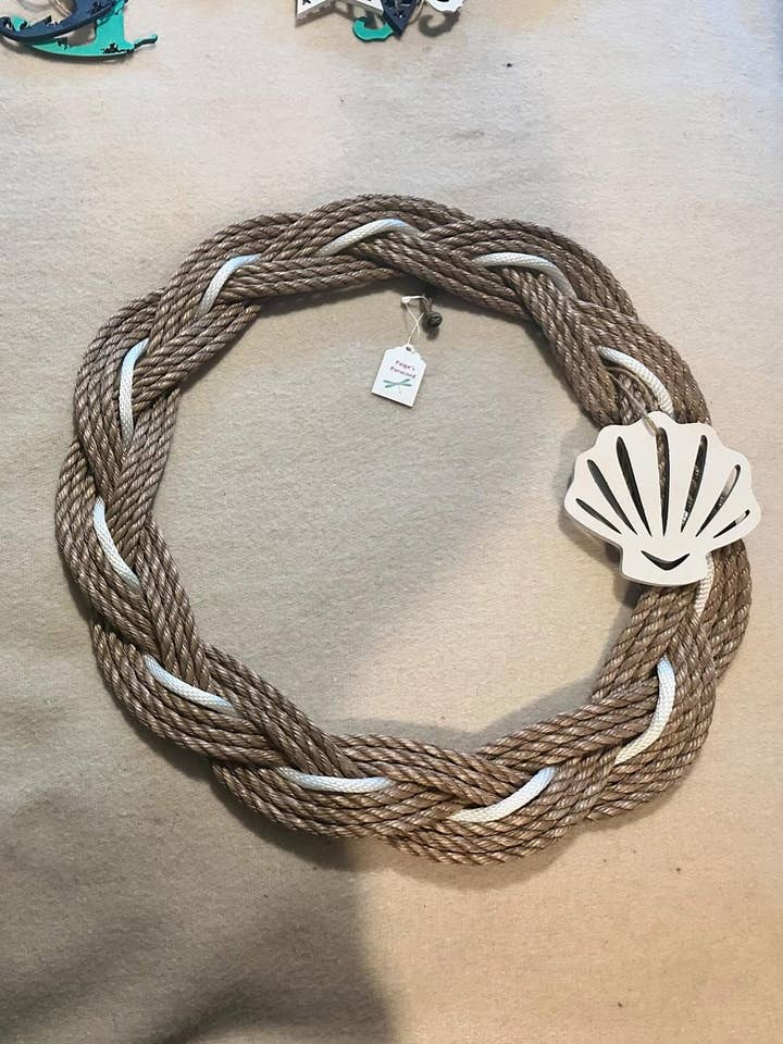 18 inch tan wreath with white accent and white shell for wholesale by Paige's Paracord and More