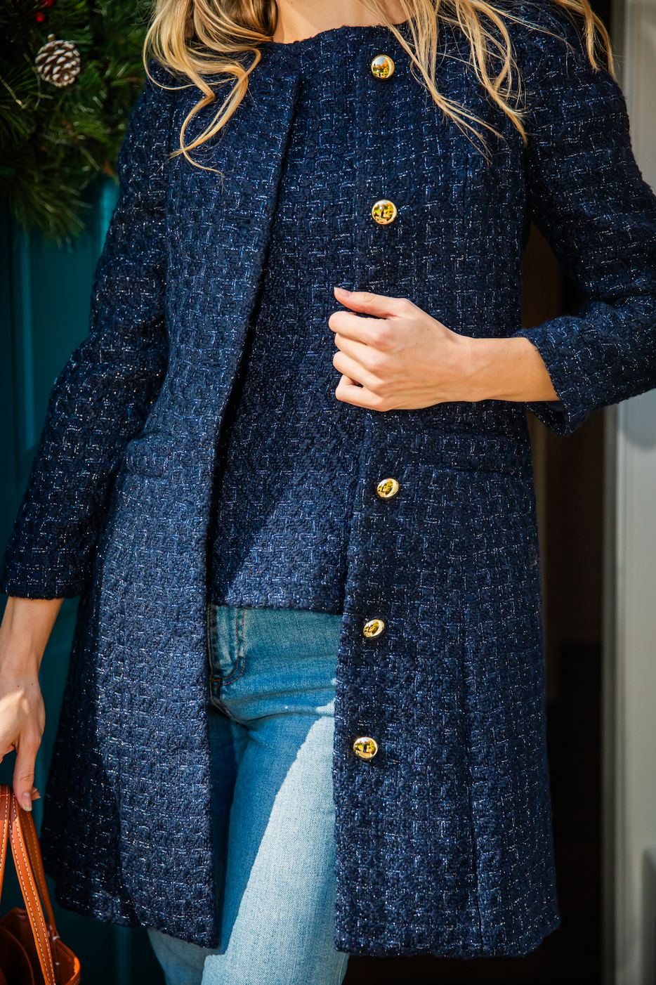 Navy Metallic Tweed Button Front Coat for wholesale on Faire1