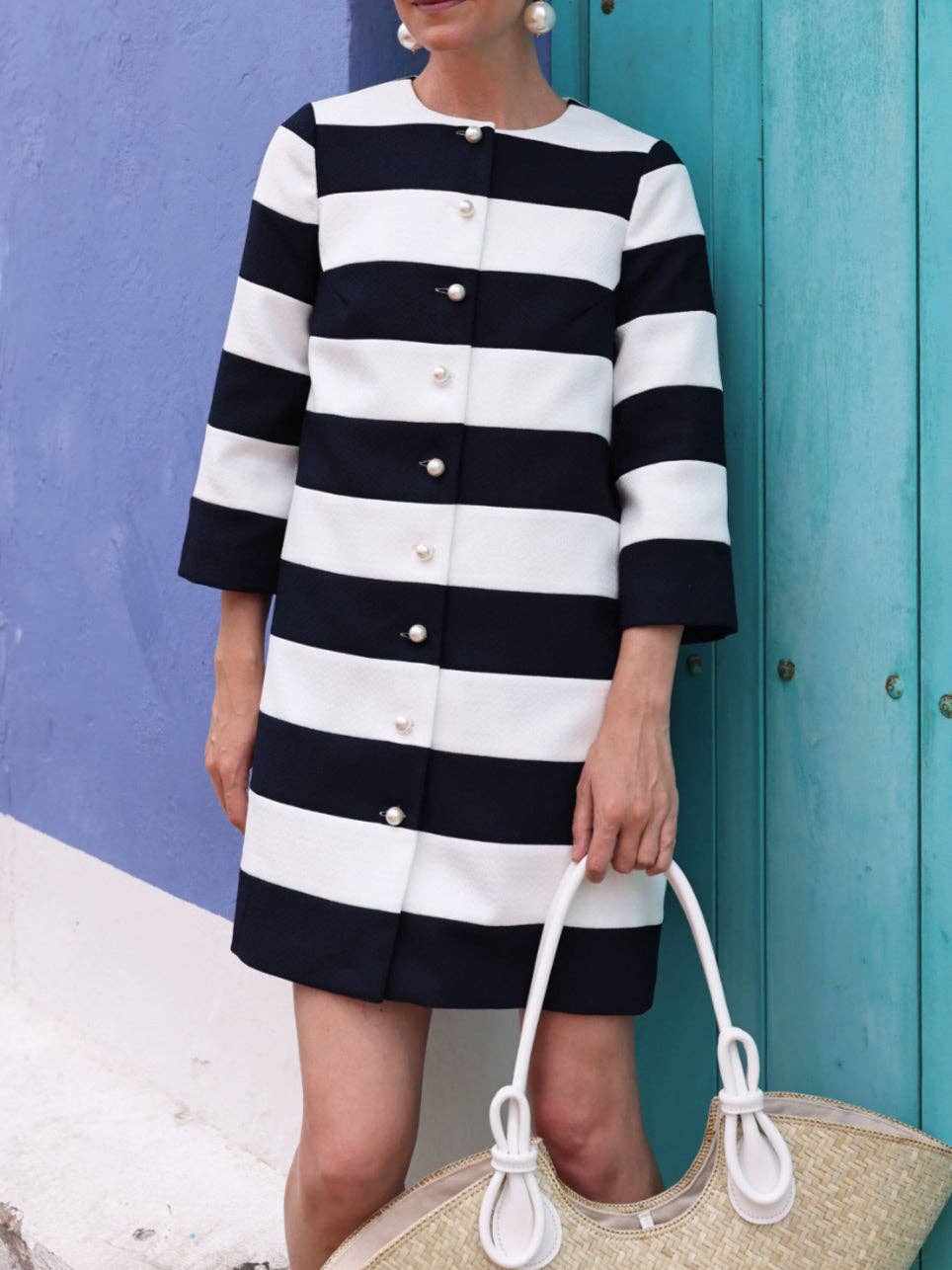 BLACK WHITE Striped Button-Up 3/4 Sleeve Shacket for wholesale on Faire1