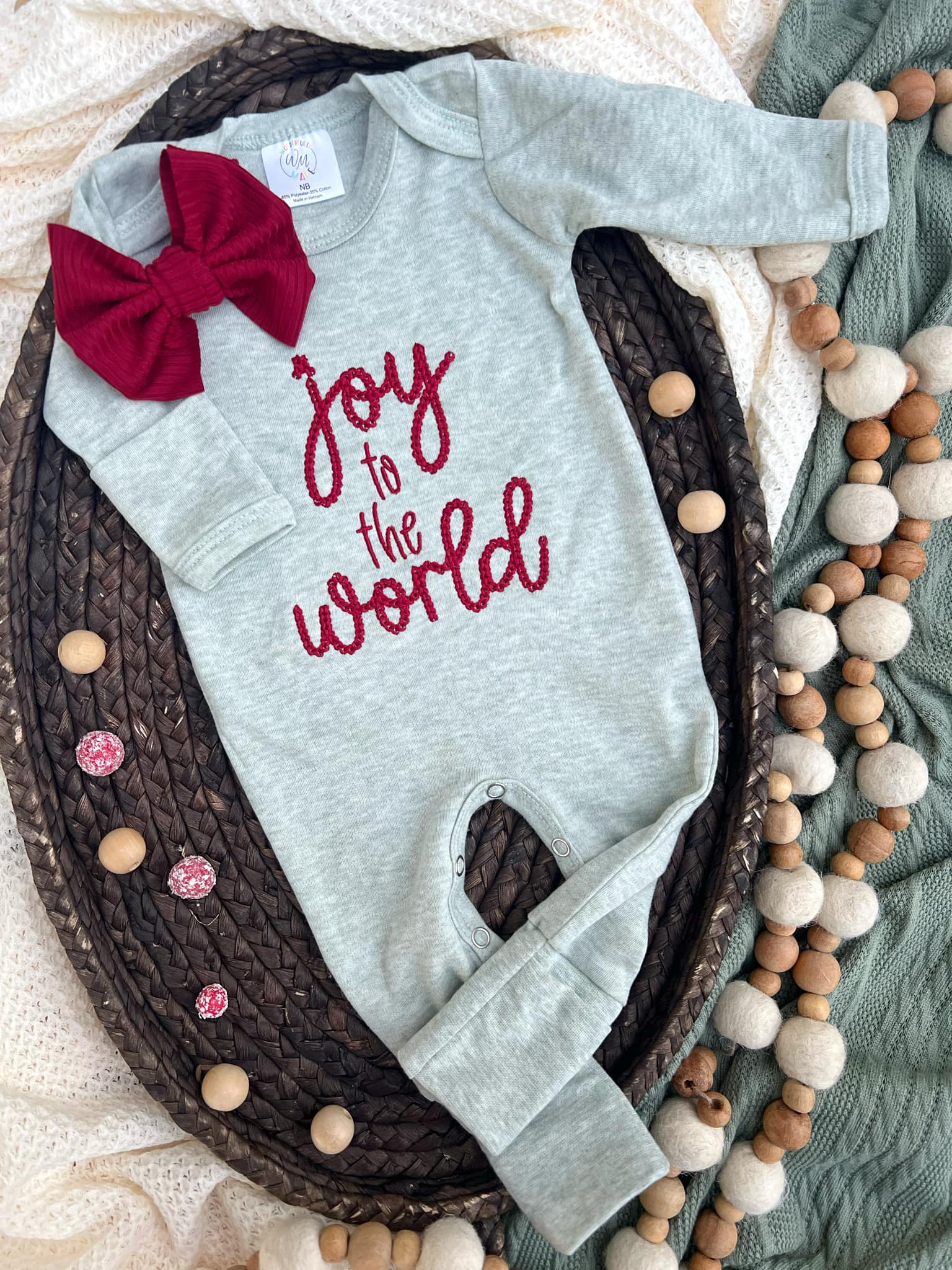 Wonderfully Made - Wholesale Jumpsuit - Baby - Baby Romper | Joy To The World Sage Baby Outfit- Christmas5