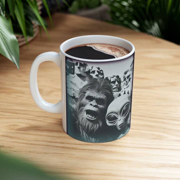 Mount Rushmore National Park Alien Bigfoot Novelty Mug 11oz for wholesale by Midnight Myth