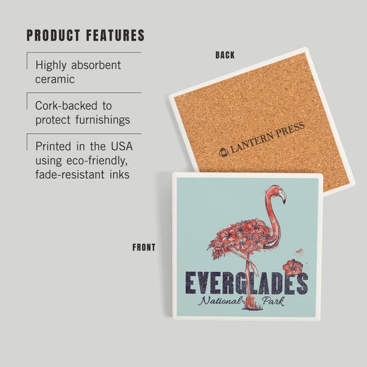 Lantern Press - Wholesale Coasters - Ceramic Coaster Everglades National Park, Flamingo, Flowers2