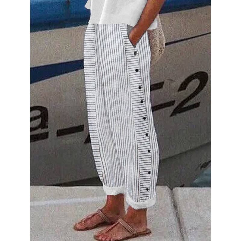 OceanusSwim – wholesale Pants – Women's – Loose Buttoned Pockets Striped Pants Trousers2