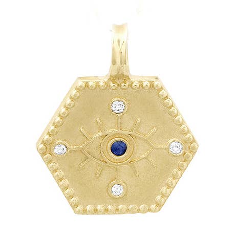 Medallón Charmology Evil Eye de oro de 14 quilates con diamantes y zafiros para venta al por mayor de Elliot Young Fine Jewelry