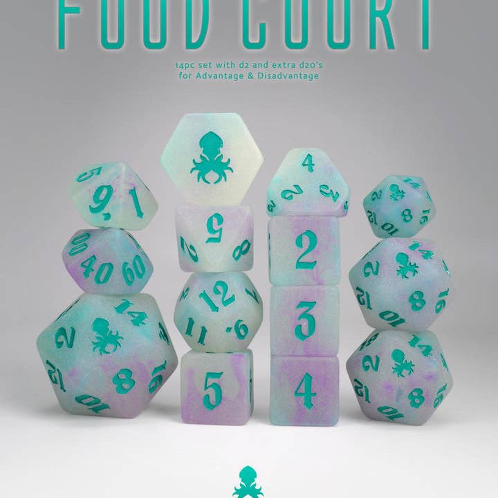 Food Court 14pc Glow in the Dark Dice Set with Teal Ink for wholesale by Kraken Dice