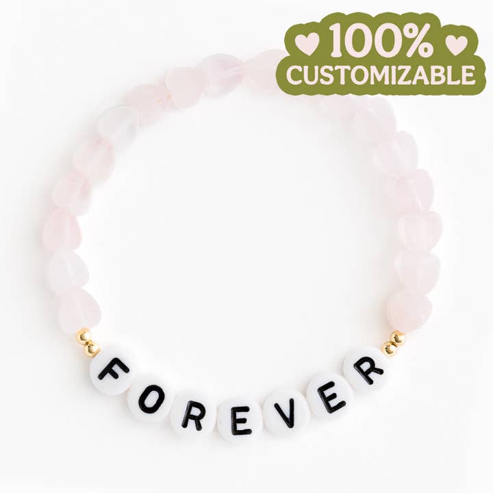 Bracelet en perles de quartz rose cœurs POUR TOUJOURS pour la vente par Names For Good
