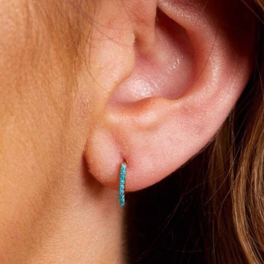 14 K Solid Gold Turquoise Hoop Earrings/ Stacked Turquoise Huggie Hoop / Turquoise Gemstone Hoop / Boho Style Earring for wholesale by SHREE DIAMOND GEMS AND JEWELS