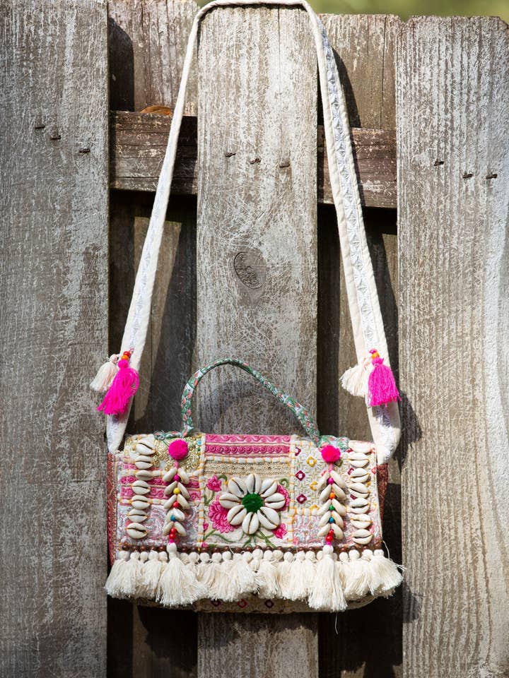Rosy Shore Embroided Bag with Shells for wholesale by Sacred Threads