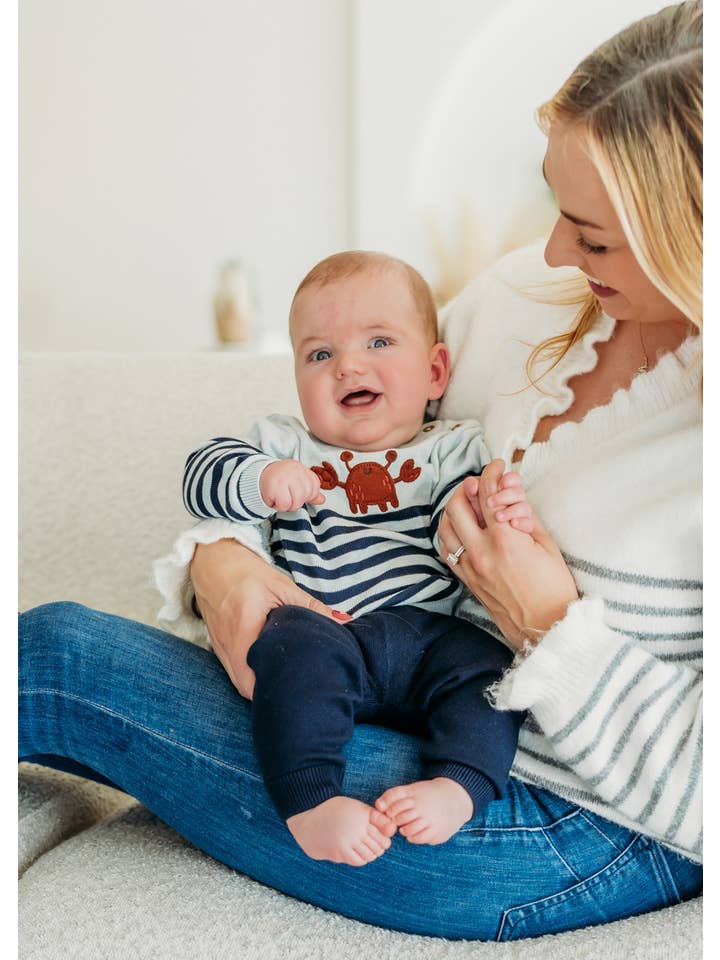Blue Heather Crab Embroidered & Stripe Knit Baby Pullover (Organic Cotton for wholesale on Faire4