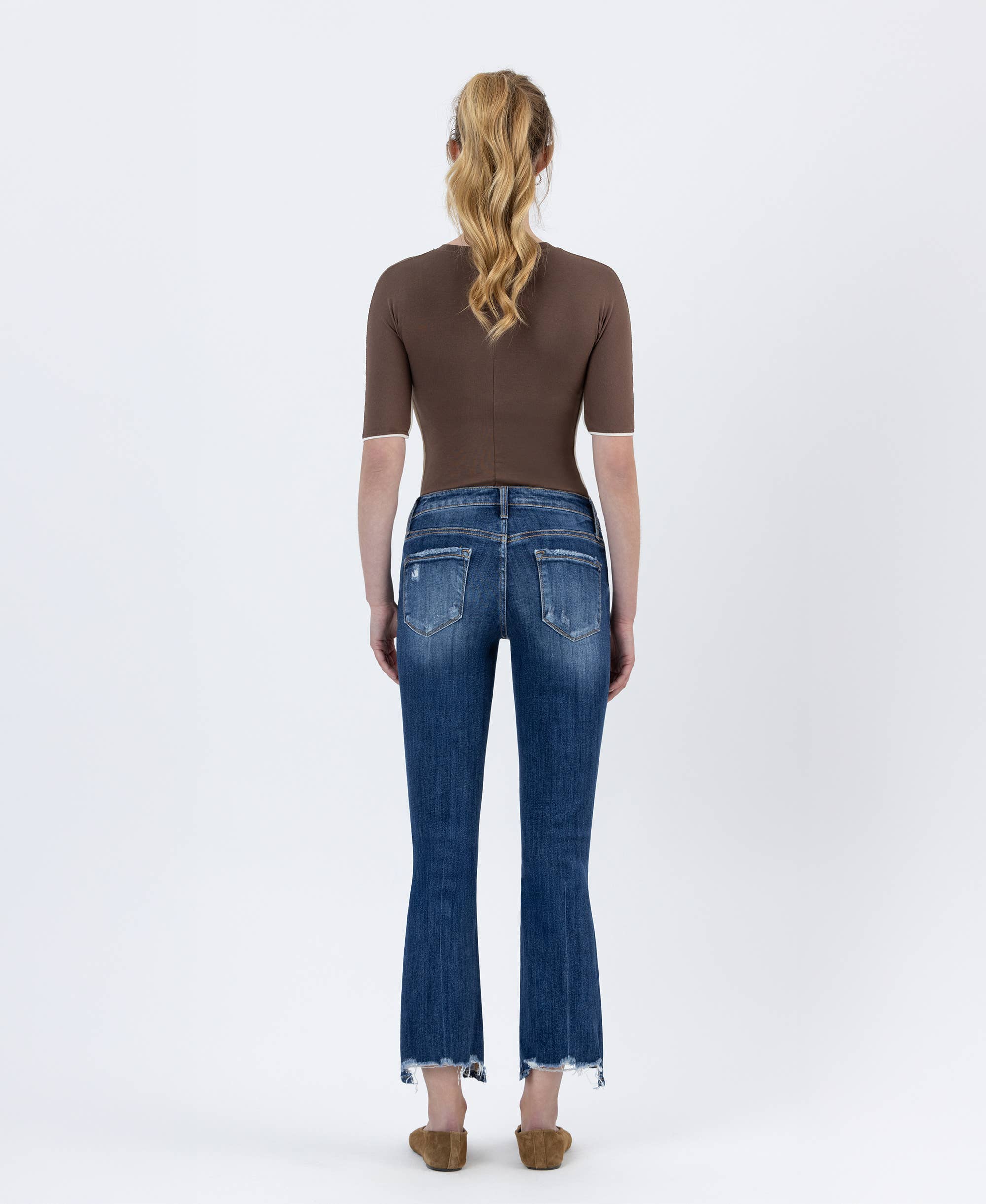 SPELLBOUND MID RISE SLANT STEP HEM CROP KICK FLARE JEANS LV1163 for wholesale on Faire5