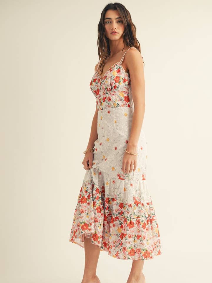 Pink Multi EYELET DETAILED FLORAL BORDER PRINT MIDI DRESS for wholesale on Faire