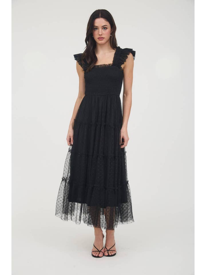 MINE - Wholesale Dress - Women's - POLKA DOT CHIFFON SMOCKED TIERED MIDI DRESS