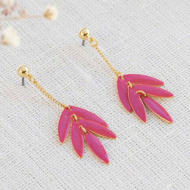 Earrings Exotica fuschia leaf post earrings for wholesale by Olivolga Bijoux