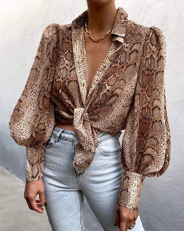 puff lantern sleeve snakeskin print knotted top for wholesale on Faire2