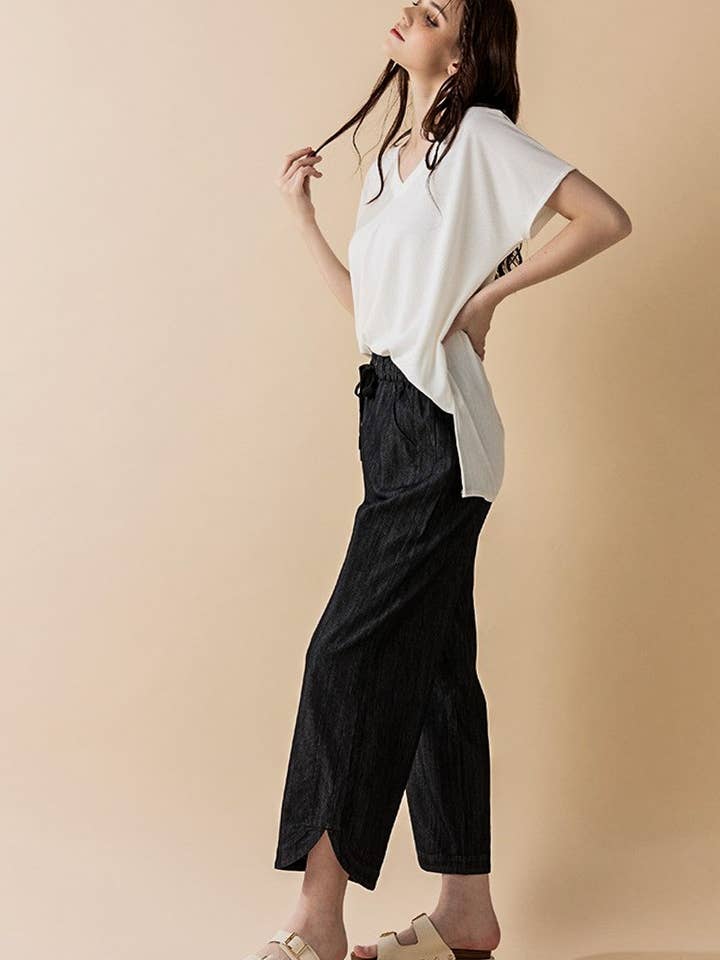 noflik - Wholesale Pants - Women's - Plus Denim WideLeg Crop Pants w/ Dolphine Tail Hem-INP1021