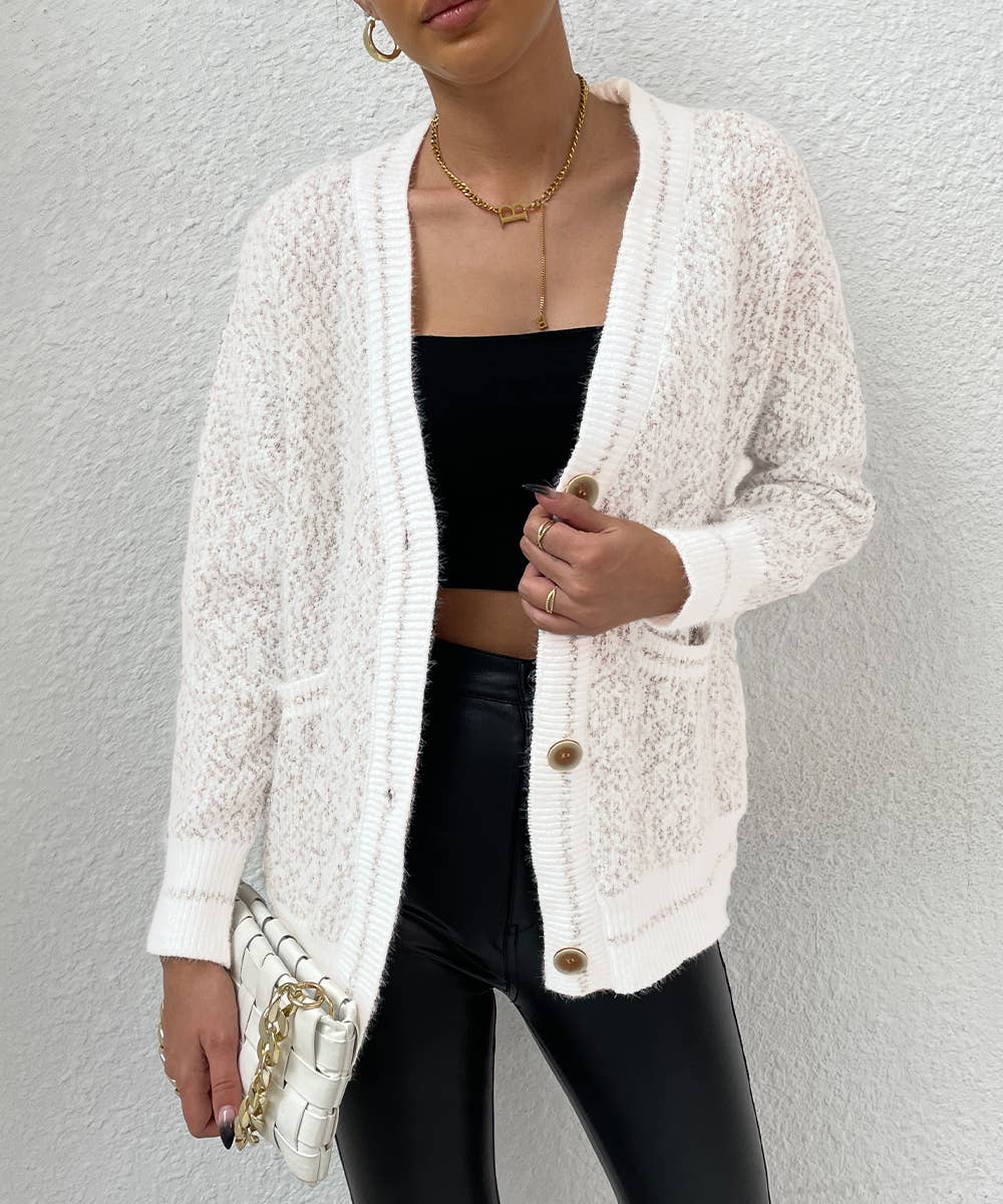 White Frenchy Marled Knit Drop Shoulder BottonFront Cardigan for wholesale on Faire