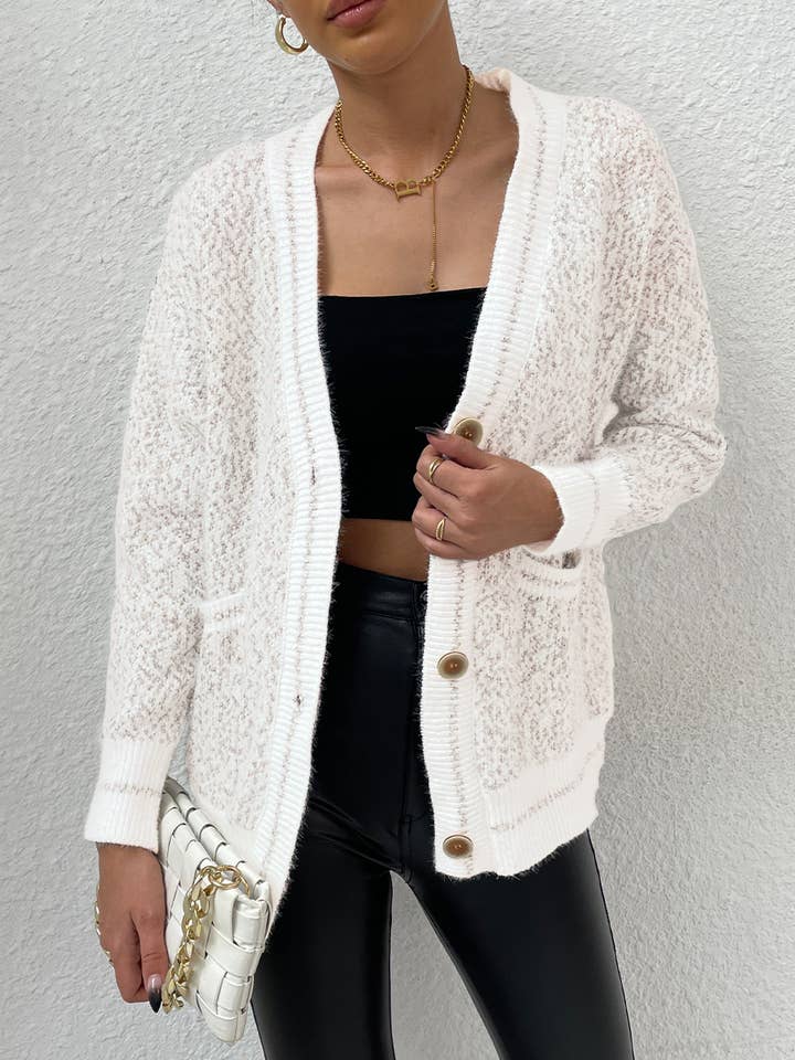 White Frenchy Marled Knit Drop Shoulder BottonFront Cardigan for wholesale on Faire0