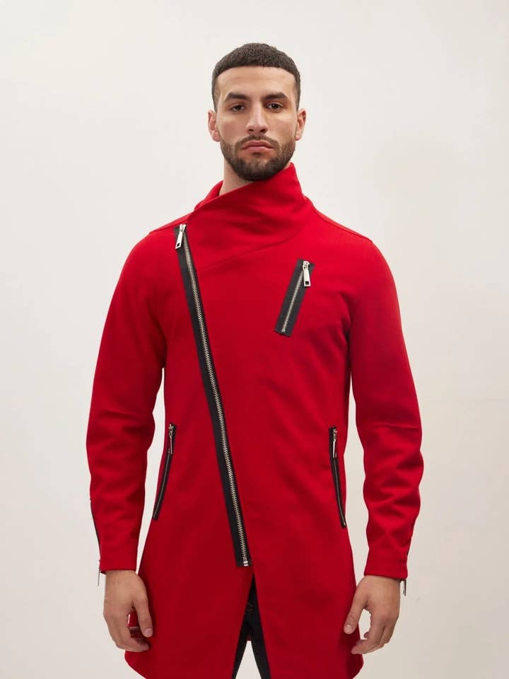 Manteau asymétrique à fermeture éclair pour hommes - Rouge pour la vente par Ron Tomson