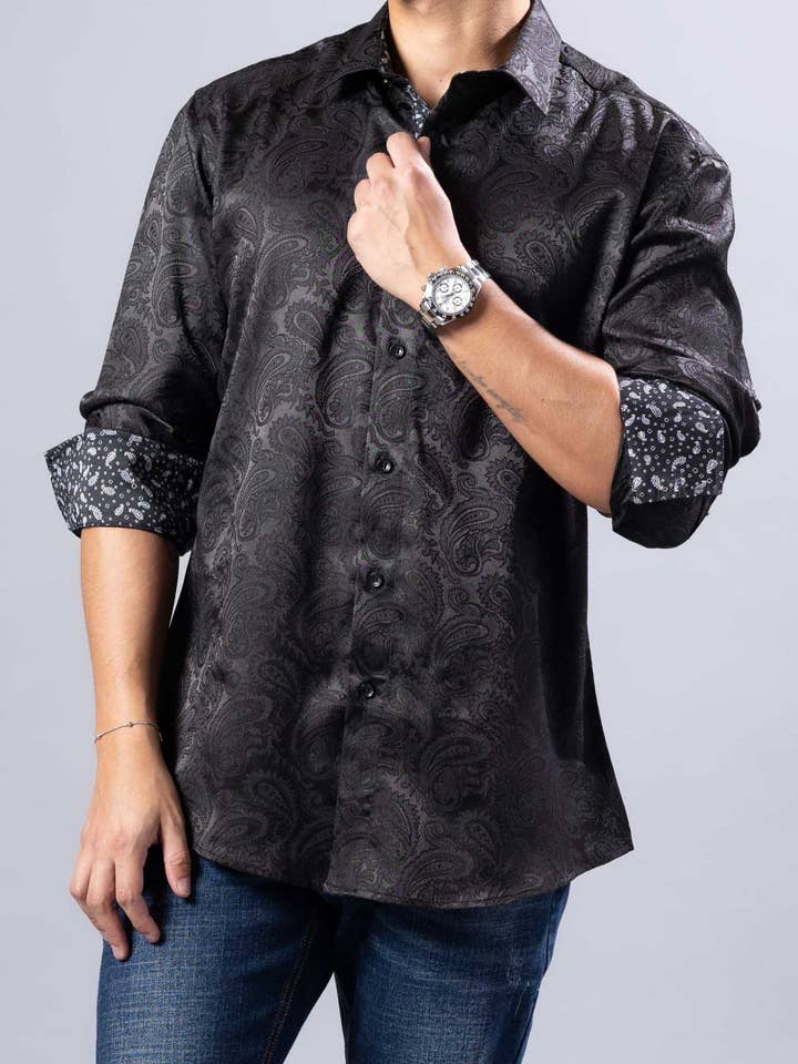 252214 - Zwarte Verhoogde Jacquard Overhemd met Knopen voor wholesale door Bespoke Moda