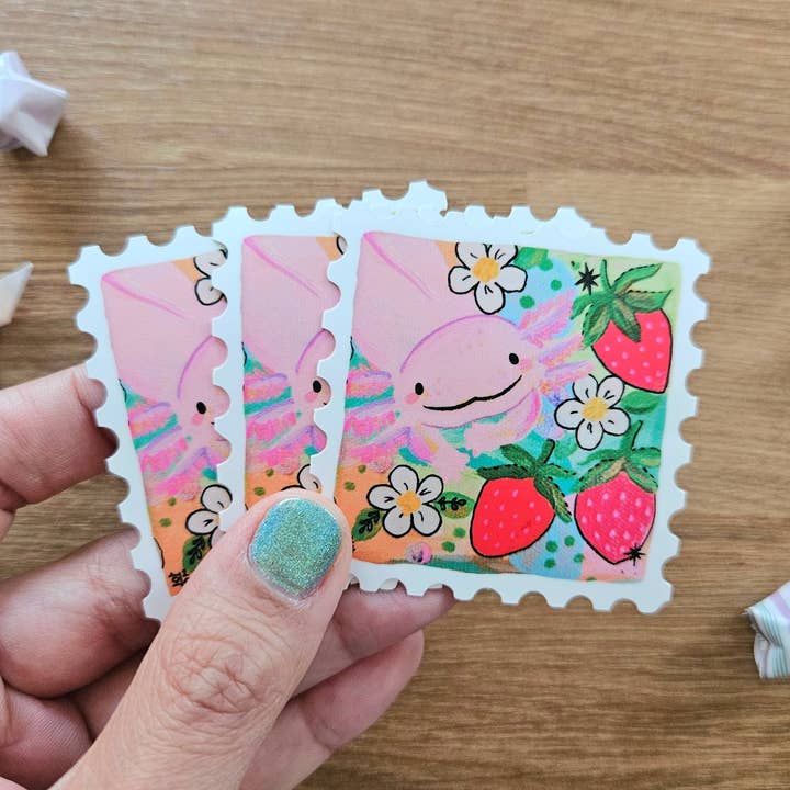 Strawberry Axolotl Stamp Watercolor Vinyl Sticker for wholesale by Jem and Cozy