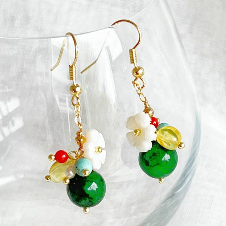Green gemstone and flower Drop Earrings for wholesale by Ninaouity