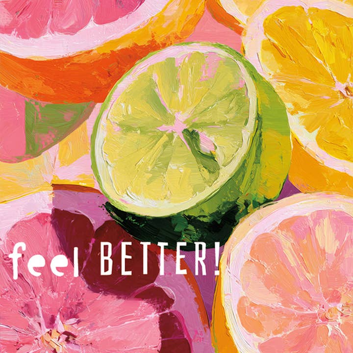 CARTE DE VŒUX RÉTABLISSEMENT AGRUMES FRAIS 4,5 x 6,25" pour la vente par Calypso Cards LLC