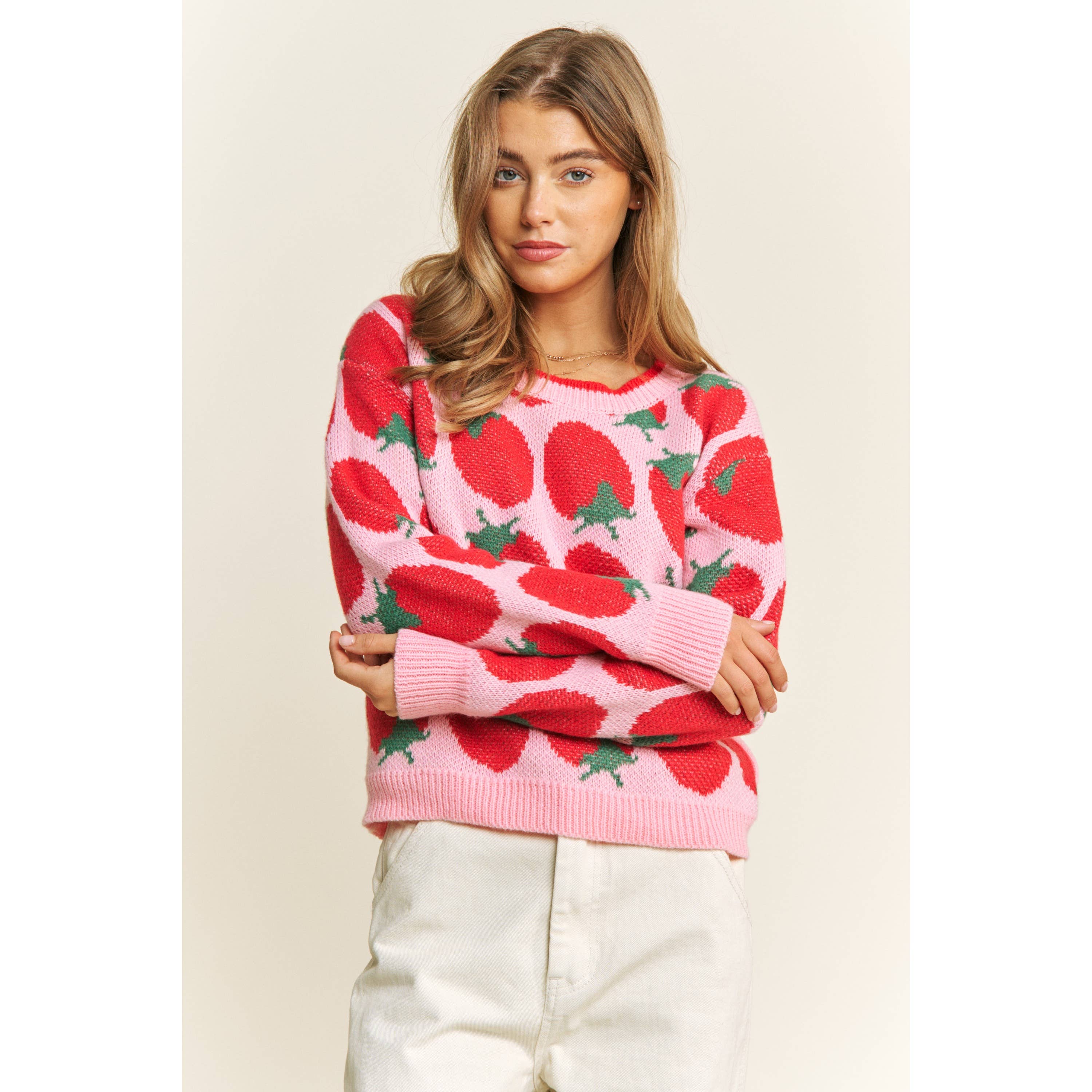 Pink Multi CUTE STRAWBERRY JACQUARD CASUAL PULLOVER SWEATER for wholesale on Faire7