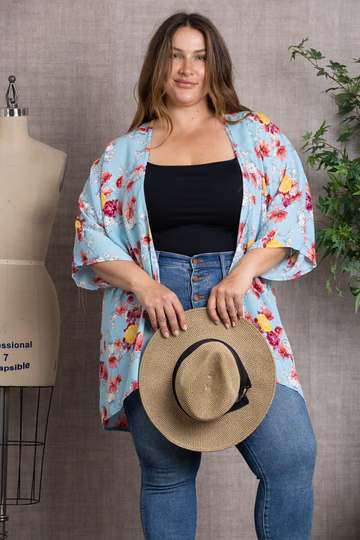 Blue FLORAL PRINT OPEN FRONT PLUS SIZE CARDIGAN-SJ100239 for wholesale on Faire2