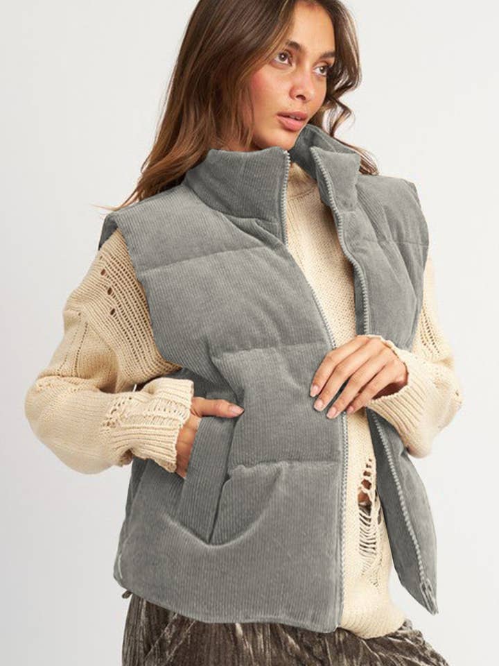 Lovesoft - Wholesale Outerwear Vest - Women's - Coffee Corduroy Stand Neck Zipped Puffer Vest29