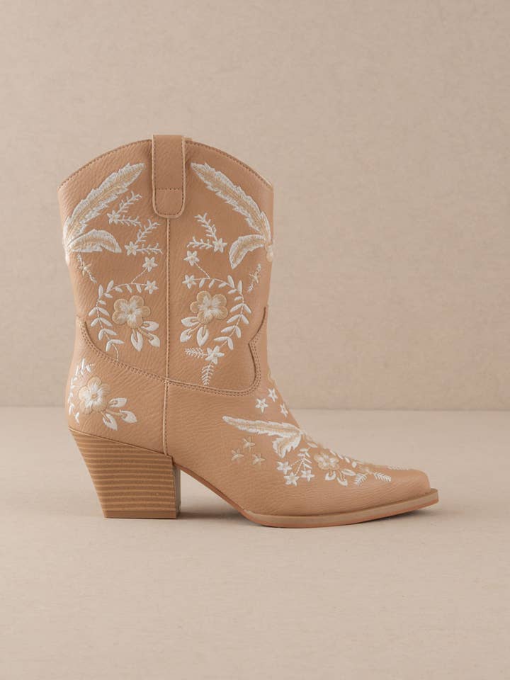 The Bailey | Apricot Embroidered Cowboy Bootie for wholesale on Faire
