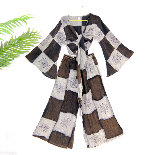 Karma Nepal Crafts – Conjunto de top e calça (roupa NÃO Casual) - Mulher por atacado – Conjunto de Calça Palazzo Patchwork de Algodão com Blusa de Manga Flare7