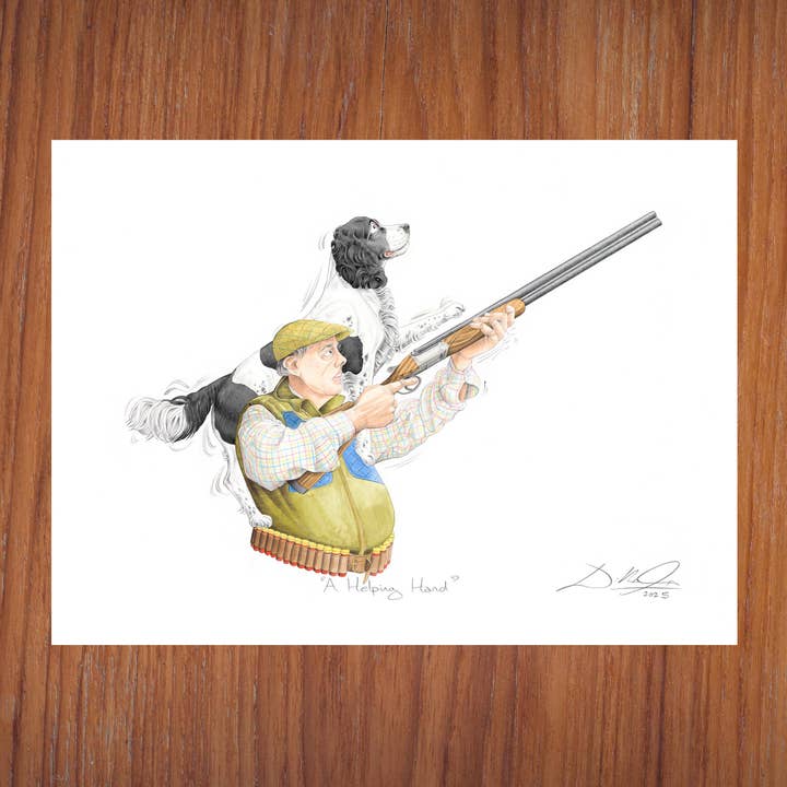 A Helping Hand (Black & White Spaniel) - Open Edition Giclee Art Print for wholesale by Will Gorman Art