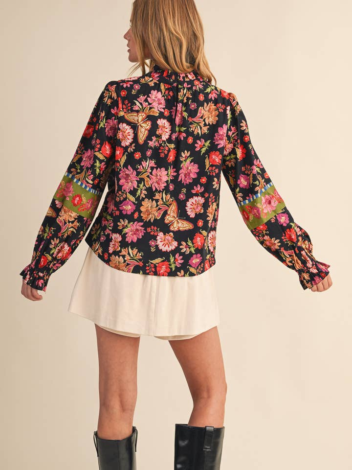 &MERCI - Wholesale Blouse - Women's - EXCLUSIVE FLORAL BORDER PRINT TOP WITH FLORAL TRIM MTP40977