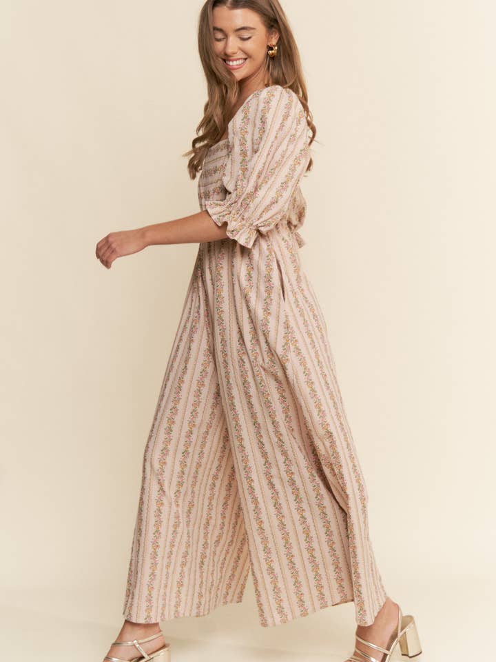 Vintage Floral Pink Stripe Flower Block Print Jumpsuit S-L for wholesale on Faire